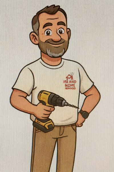 Cartoon illustration of Colin from MI Island Home Services holding a drill